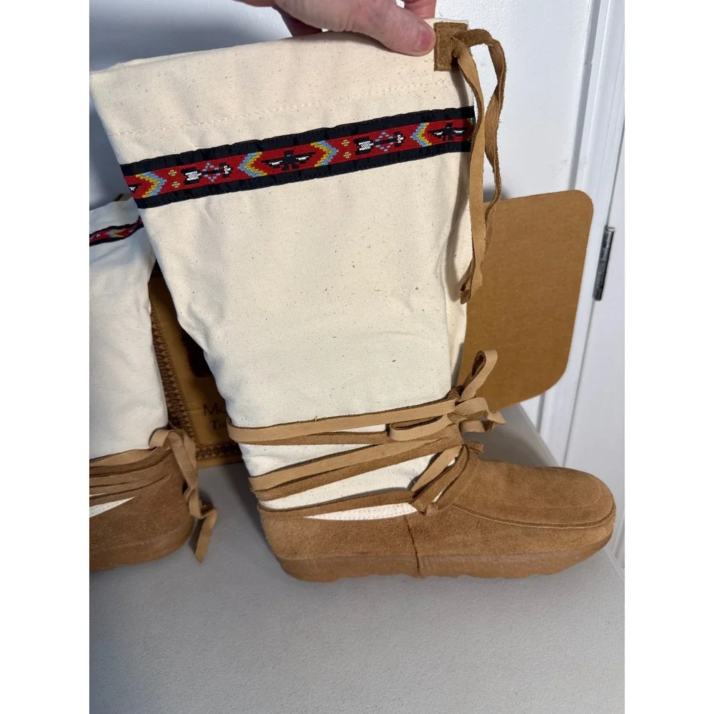 Steger Mukluks Native Styled Moosehide Winter Boot Tan Canvas Ribbon Laces Sz 12